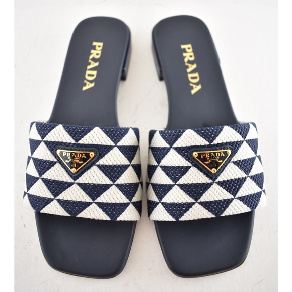 Prada Jacquard Triangle Logo Baltico Talco Blue White Slide Sandal Flat Mule 36 - Picture 7 of 15